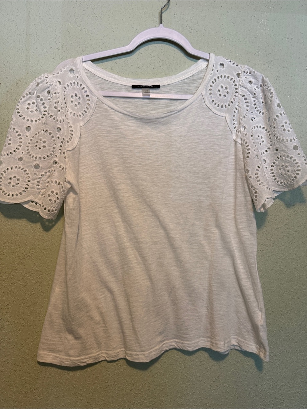 Tahari White Eyelet Lace Sleeve Short Sleeve Tee